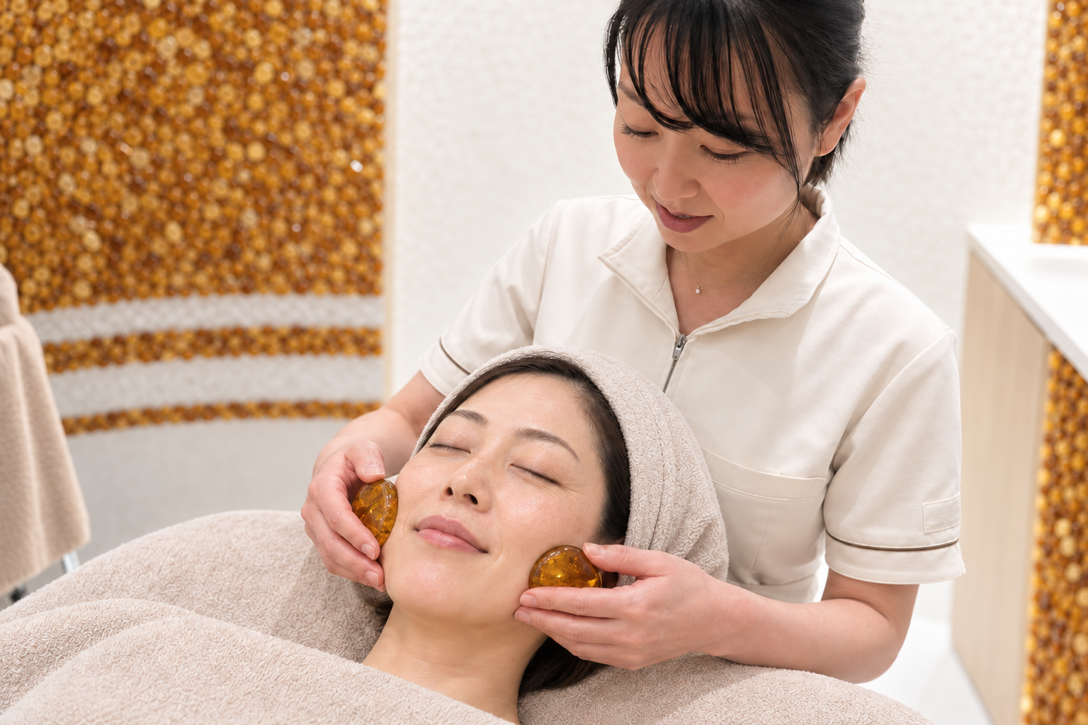 セラピスト佐々木による琥珀ストーンのケアを表現した施術イメージ